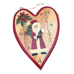 Vintage Handpainted Wooden Heart Christmas Sign With Santa Happy Holidays
